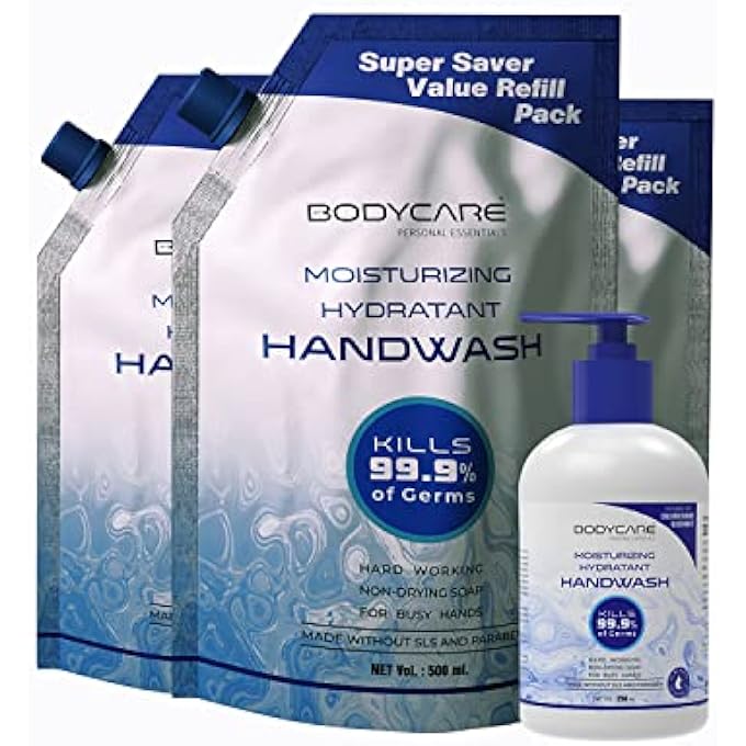 MY BODYCARE MOISTURIZING ORIGINAL GERM PROTECTION LIQUID HAND WASH REFRESHING FRAGRANCE FREE FROM HARMFUL CHEMICALS (500ML REFILL PACK X 3 + 250ML BOTTLE FREE) ( BUY 3 GET 1 FREE), OFF WHITE